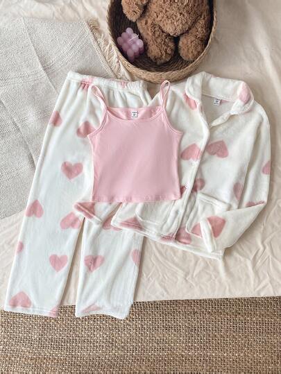 Genkimix Kids 3 件套女童心形图案开衫、吊带背心和毛绒裤休闲舒适睡衣套装