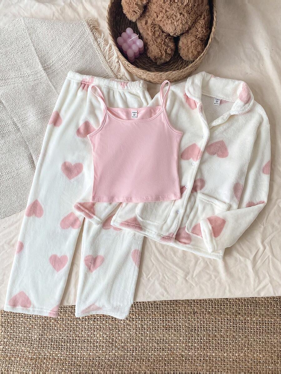 Genkimix Kids 3 件套女童心形图案开衫、吊带背心和毛绒裤休闲舒适睡衣套装 - 白色 - 查看 1