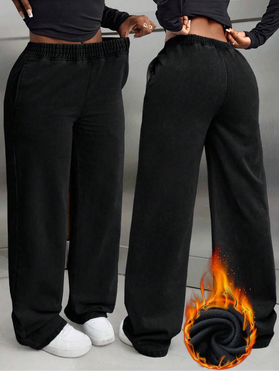 SHEIN Tall 休閒彈性腰直筒水洗牛仔褲,高個女款 - 黑色 - 查看 1