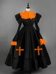 Sweetra 加大码女式哥特式撞色十字图案羊腿袖腰部收紧荷叶边下摆连衣裙 - 橘色 - 查看 1