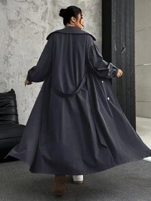 SHEIN EZwear 大码女式纯色翻领灯笼袖双排扣长款休闲风衣夹克，秋季 - 灰色 - 查看 2