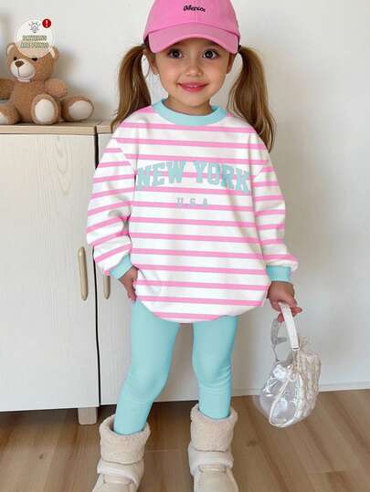 Bộ 2 món/Bộ đồ bé gái thường ngày sọc xanh có họa tiết "NEW YORK", màu tương phản, phong cách trở lại trường, đại học, áo nỉ dài tay cổ tròn tối giản và quần legging, phù hợp cho mùa thu/đông