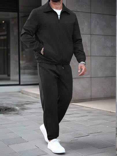 Manfinity CasualCool 男士流行休闲西装，INS搭配成熟基础休闲商务拉链夹克和抽绳慢跑裤，适合所有季节，适合工作和日常搭配，送给男朋友/老公的必备礼物，休闲装