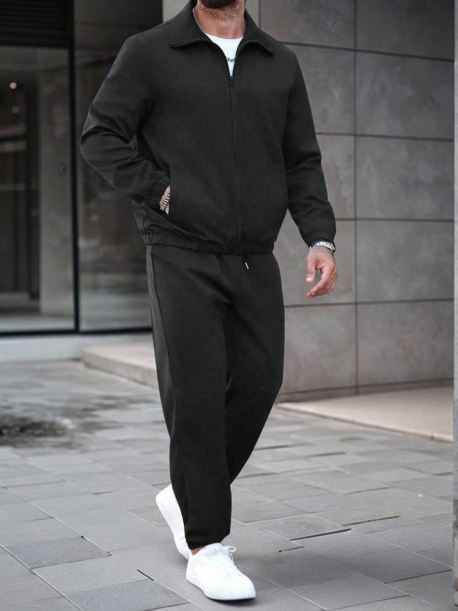Manfinity CasualCool 男士流行休闲西装，INS搭配成熟基础休闲商务拉链夹克和抽绳慢跑裤，适合所有季节，适合工作和日常搭配，送给男朋友/老公的必备礼物，休闲装 - 黑色 - 查看 1