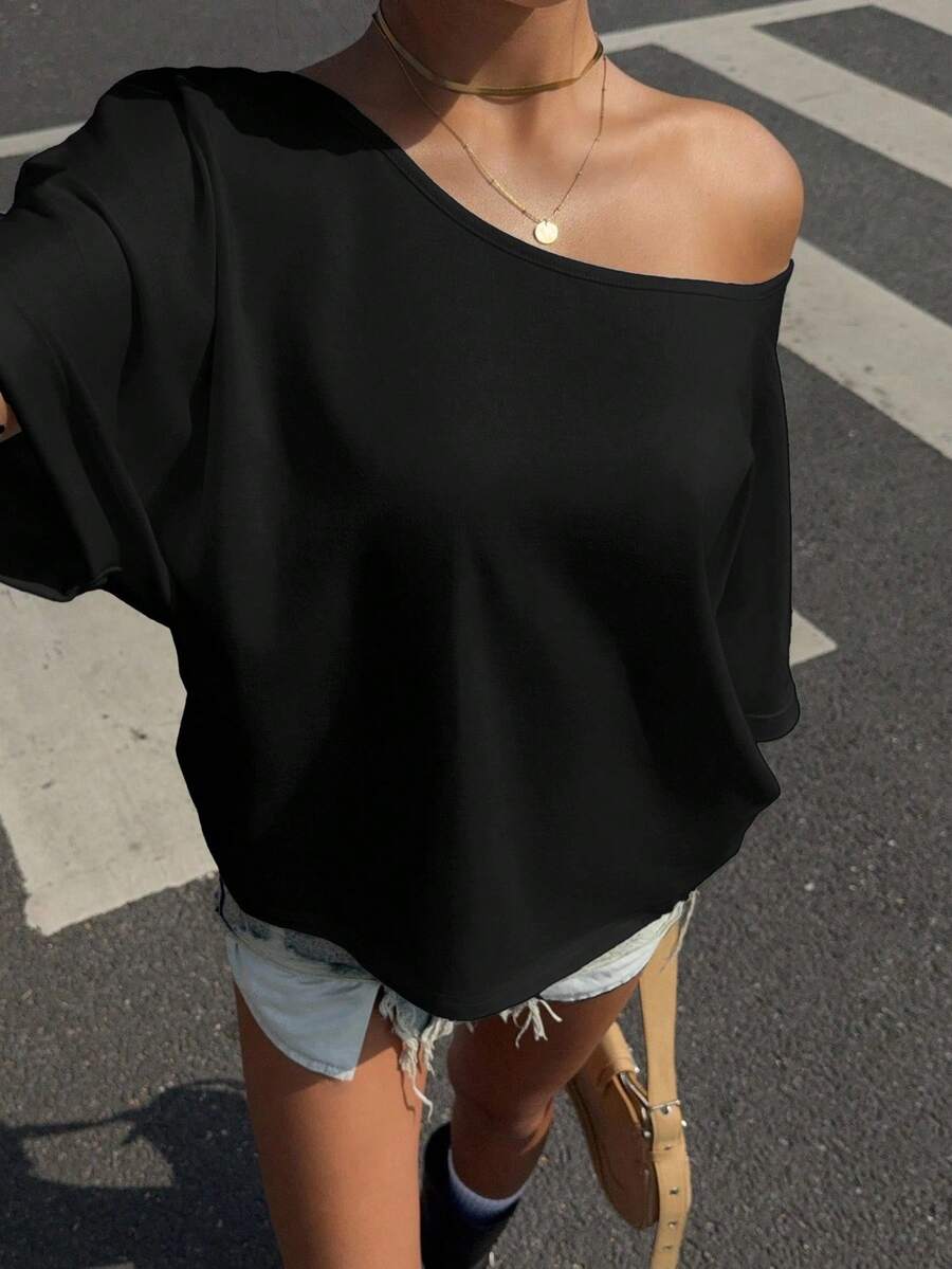 Muchica 大码女式休闲宽松斜肩黑色T恤 - 黑色 - 查看 1