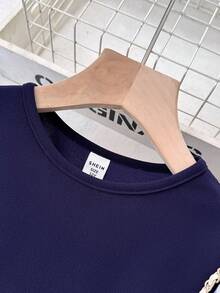 SHEIN 少女优雅可爱圆领针织拼布条纹腰部喇叭裙，秋冬 - 藍白色 - 查看 4