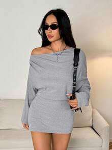 SHEIN PETITE Đầm ôm sát tay dài trễ vai bằng cashmere mới cho mùa xuân hè dành cho nữ, phong cách Y2K, thời trang đường phố. - Xám - Xem 3