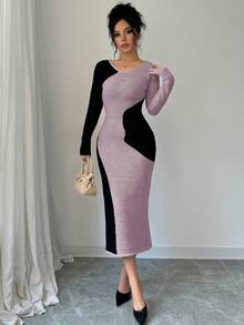 Elenzga Vestido de suéter de punto acanalado con bloques de color elegante para mujer, otoño/invierno - Rosa coral - Ver 4