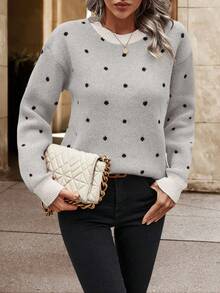 EMERY ROSE 女士波点落肩毛衣，长袖针织套头衫，秋冬毛衣 - 白色 - 查看 7