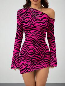 Coolane 休闲复古街头性感深粉色斑马纹全身图案女式不对称肩部喇叭袖不对称下摆迷你连衣裙，复古，学院风，百搭，性感，可爱，Y2K，椰子女孩，波西米亚风，嬉皮士，音乐节，适合秋冬 - 玫紅色 - 查看 4