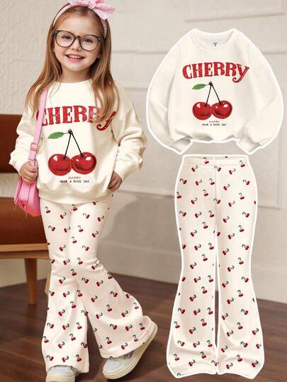 SHEIN Cream White, Cute Mini Vintage Cherry Pattern, BM Style, Young Girls Soft Round Neck Sweatshirt And Flare Pants Set, Suitable For Autumn/Winter, Autumn Outfits , Easy Comfort, Autumn Layers For Kids, Stylish Kids, Casual Wear, Kids Graphic Clothes, Back To School, Fall Clothes, Homecoming, Suitable For Outdoor Picnic, Street Photography, Home, Campus, Chill Chill