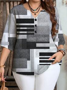 EMERY ROSE Casual Minimalist Abstract Geometric Full Print Pattern Versatile Style Plus Size Shirt, Suitable For Spring And Autumn,Flower/Summer/Vacation - Multicolor - View 1