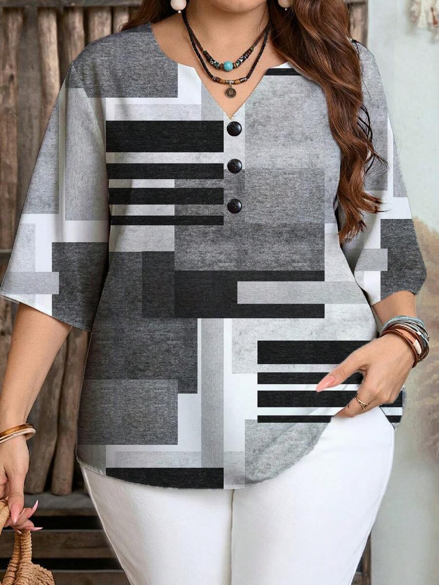 EMERY ROSE Casual Minimalist Abstract Geometric Full Print Pattern Versatile Style Plus Size Shirt, Suitable For Spring And Autumn,Flower/Summer/Vacation - Multicolor - View 1