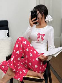 SHEIN 蝴蝶结爱心罗纹圆领长袖上衣和裤子休闲女式睡衣套装 蝴蝶结爱心睡衣套装 可爱睡衣 女式，圣诞节，秋冬季服装 - 玫紅色 - 查看 6