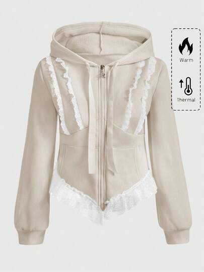 Kawaii Felpa con cappuccio casual alla moda da donna con bordo in pizzo, stile Y2K