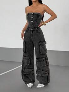 StreetHx 女式纯色前扣吊带背心连体裤，时尚实用牛仔连体衣