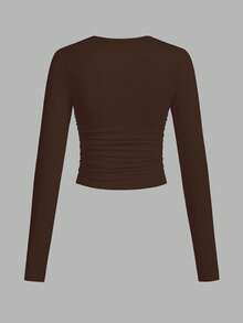 SHEIN EZwear 3件套女士休闲纯色圆领褶皱长袖T恤，秋冬 - 彩色 - 查看 9