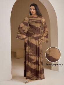 Veilorie Women's Fashion Casual Smudge Pattern Dress - Coffee Brown - View 3