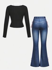 Sweetra Young Girls Bowknot Decor Printed Jeggings & Halter Neck Top 2 Pieces Casual Set - Black - View 2