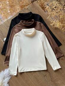 SHEIN 3pcs/Set Young Girl & High Stretch Collar Basic T-Shirts, Casual Autumn Chic For Autumn/Winter - Multicolor - View 3