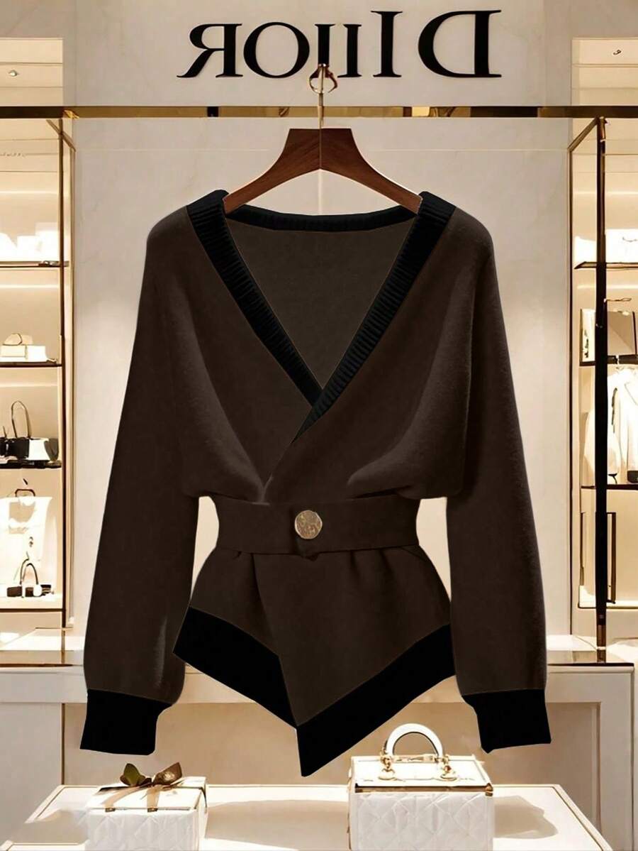 Franclia Nuevo suéter tipo cárdigan de mujer de diseño minimalista de alta gama personalizado francés para otoño/invierno - Café integral - Ver 1