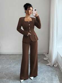 Elenzga 2pcs Women's Suit Fabric Trapezoid Collar Front Metal Button Waist A-Line Hem Slit Pockets Long Sleeve Shirt + Straight Pants Solid Color Elegant Office Commute Streetwear Autumn Winter Fashion Versatile Business Casual Thanksgiving Afternoon Tea Party Back To School - Coffee Brown - View 6