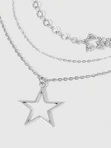 Y2Kool 2pcs/Set Double-Layered Necklace With Big Star Pendants, Fairy/Ins/Hip-Hop Style Collarbone Chain For Women, Y2k Jewelry - Silver - View 2