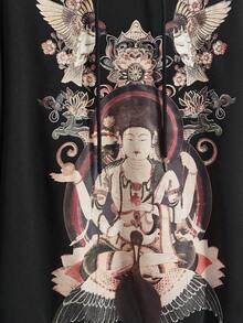 ROMWE Avant Women's Loose Fit Sweatshirt With Dunhuang Fresco Inspired Classical Chinese Pattern - Black - View 4