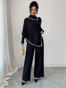 SHEIN Elenzya 女士秋冬长款斗篷、宽松拼色毛衣和阔腿裤两件套 - 黑色 - 查看 4