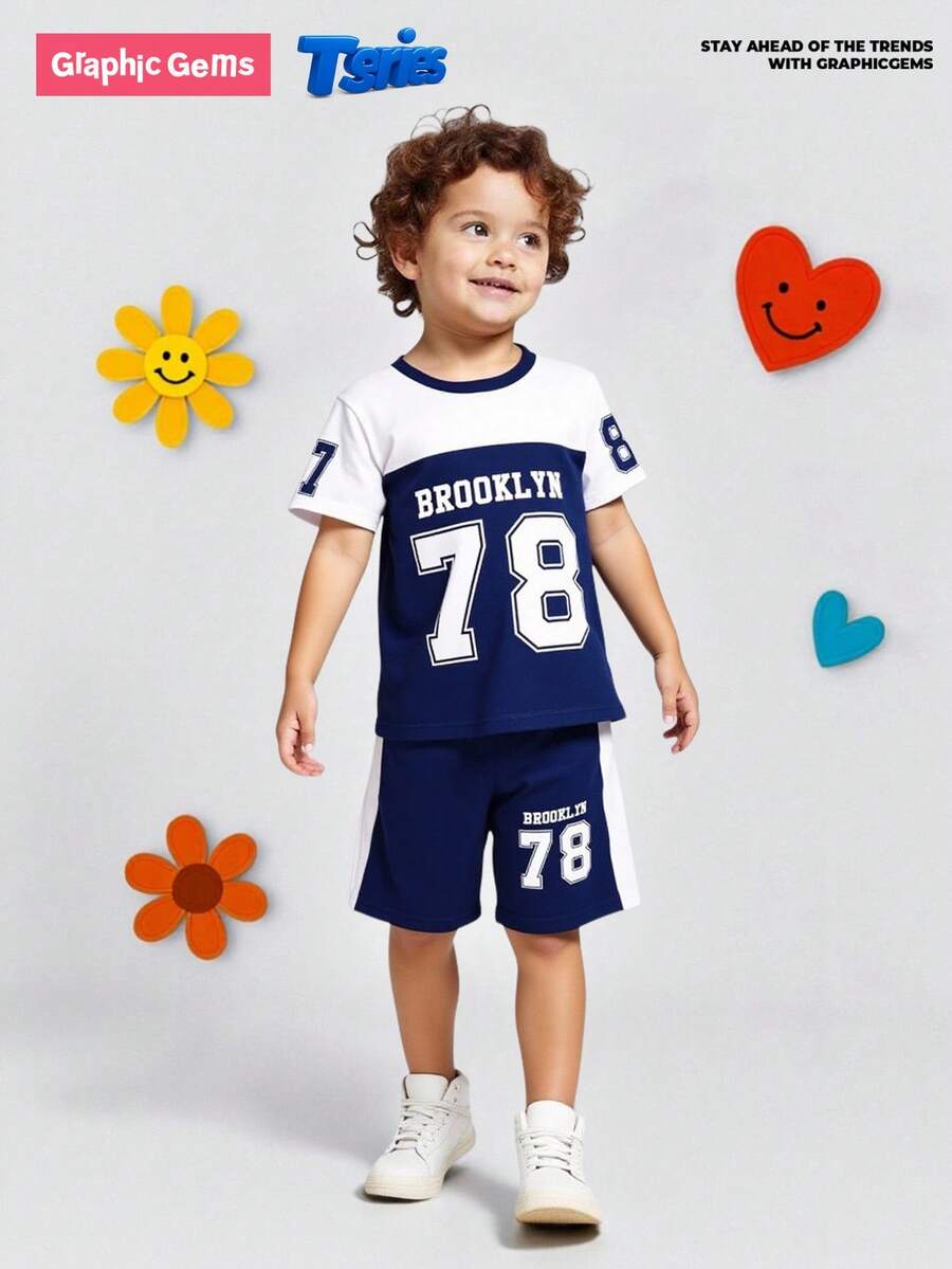 GraphicGems 1 Set Of Young Boys' Casual Fashion Digital 67 Printed Crew Neck Short-Sleeve T-Shirt And Matching Knitted Coconut Tree All-Over Print Shorts Set, Vacation Beach Seaside Boys' Summer Outfit, New SS26 Fashion, Summer Outfits Summer Clothing - Multicolor - View 1