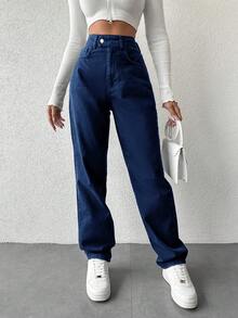 EURMUSE Jeans casuales de tiro alto y cintura lavada para mujer - Azul lavado medio - Ver 1