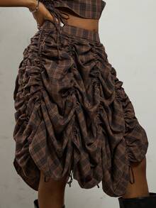 COUREZ Falda midi fruncida de talle bajo a cuadros/Falda marrón sexy para salir, fiesta, Año Nuevo, estilo Y2K otoño-invierno - Marrón Mocha - Ver 5