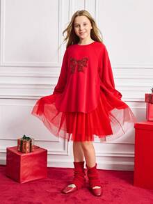 SHEIN 青少年女孩时尚蝴蝶结和网眼拼布连衣裙 - 紅色 - 查看 5