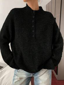 DAZY Áo len cổ cao màu xám mềm mại và ấm áp dành cho nữ, lớp lót phong cách cổ điển cho mùa đông - màu đen - Xem 4