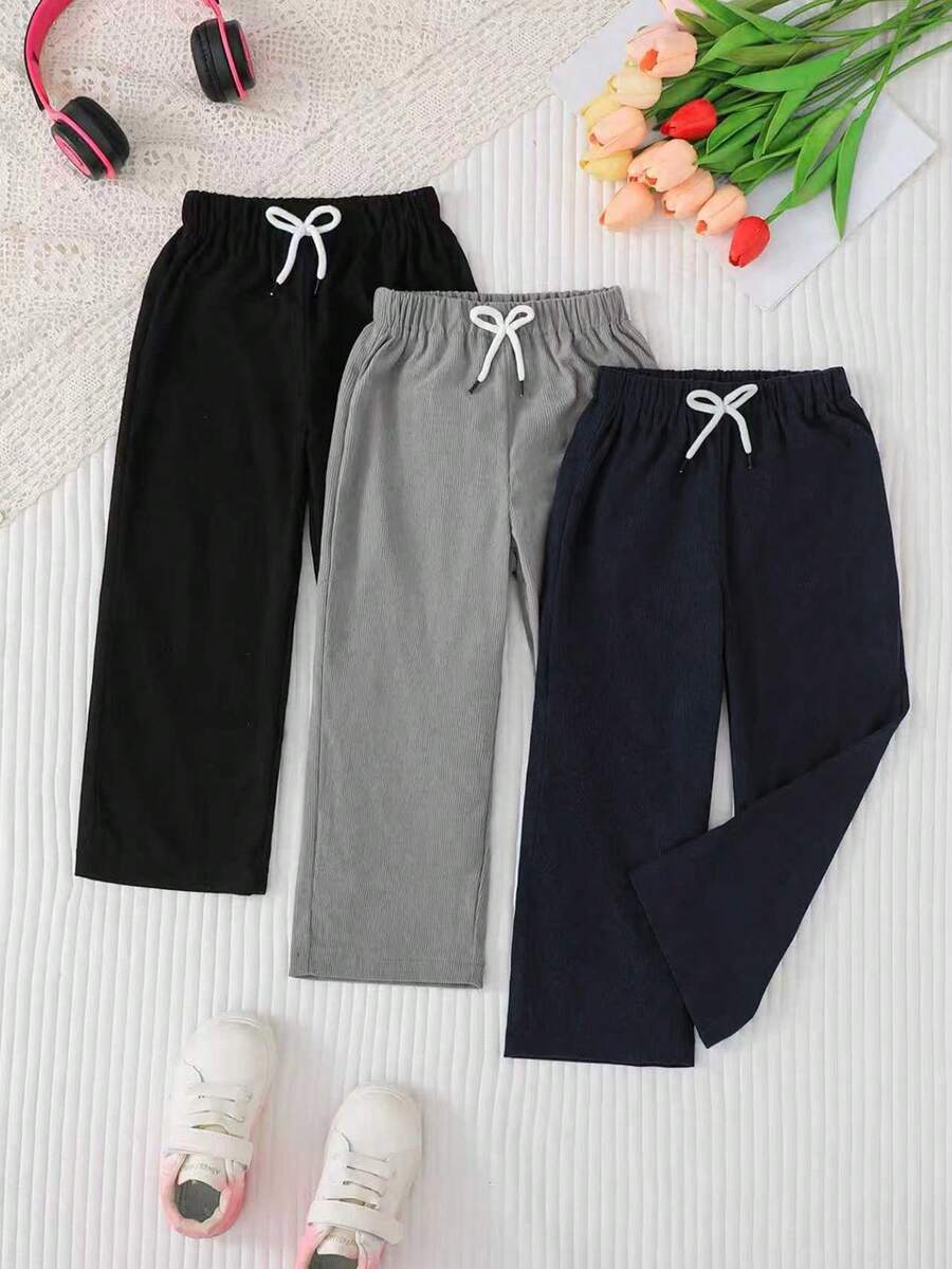Elladie kids 3 件套女童白色、棕色、黑色休闲舒适裤,松紧腰带蝴蝶结装饰,天鹅绒面料,直筒裤,适合春秋季 - 彩色 - 查看 1
