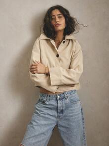 Aralina 秋冬季撞色纽扣宽松翻领毛毡夹克，宽袖带口袋，时尚优雅，保暖百搭，适合外出穿着。 - 卡其色 - 查看 5