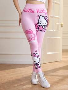 HELLO KITTY AND FRIENDS | SHEIN Quần legging cạp cao họa tiết mèo và chữ màu hồng dễ thương dành cho nữ - Hồng - Xem 1