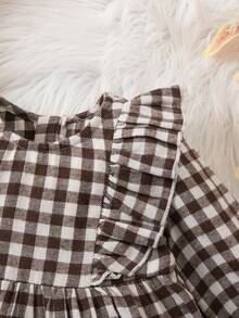 Babygirl 可爱休闲格子长袖荷叶边下摆宽松连衣裙 - 卡其色 - 查看 3