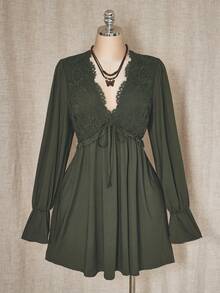 SHEIN ICON 女式大码休闲纯色蕾丝拼接迷你连衣裙秋季布料