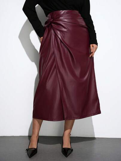 Maija Plus Size Burgundy PU Twist Fold Pleated Skirt, Suitable For Party, Holiday, Beach, Casual, Romantic, Suitable For Outing, Party, Wedding, Graduation, Business Casual, Office Wear