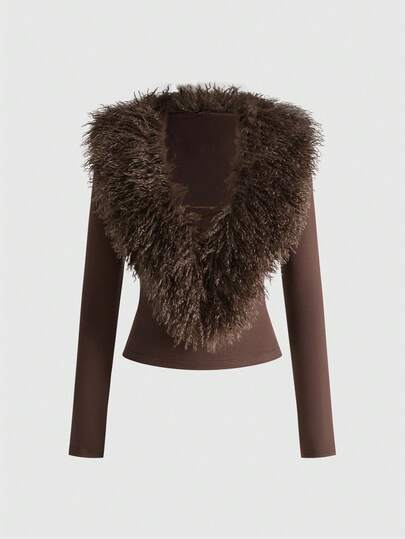 Grunge Punk Top de manga larga con cuello alto y peludo en estilo retro Y2K