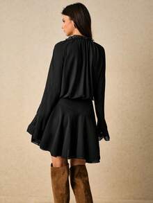 Poéselle Women's Elegant Solid Color Bell Sleeve Short Dress, Autumn Black Dresses For Women Black Long Sleeve Dress Black Western Dress Black Mini Dresses Women Mini Dresses - Black - View 5