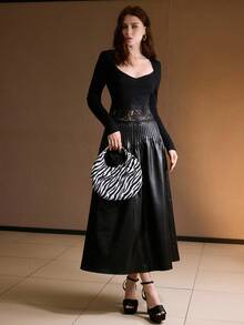 MOTF PREMIUM ĐẦM DÁO CHỮ A CỔ VỎ REN PU CỠ TƯƠNG PHẢN, MÙA THU/ĐÔNG - màu đen - Xem 4