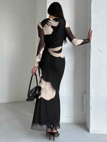 Aloruh Váy dự tiệc cocktail cổ thuyền tay dài in họa tiết lưới nhuộm sang trọng, thu/đông - Màu Khaki - Xem 2