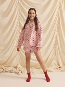 少女心形印花纽扣前开长袖衬衫和荷叶边下摆短裤套装 - 粉色 - 查看 1