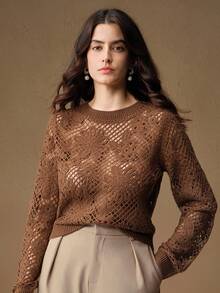 Anewsta Cropped Asymmetrical Floral Crochet Shrug - Brown - View 3