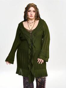 ROMWE Fairycore Plus Size Vintage Green Olive Green Double-Layer Ruffle Flare Sleeve Knit Cardigan, Autumn/Winter Plus Size Women Sweater Cardigan Jacket - Olive Green - View 4