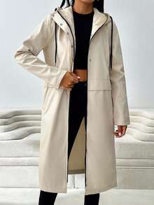EURMUSE 女士纯色连帽长款梭织风衣 – 简约实用街头风外套 - 米色 - 查看 9