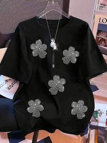 INAWLY Women's Casual Floral Crystal Decorated Short Sleeve T-Shirt - Black - View 1