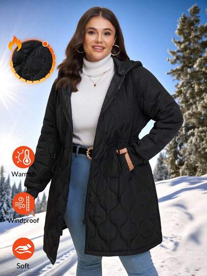 Comfylo Plus Size Casual Quilted Drawstring Waist Hooded Padded Coat, Warm For Autumn/Winter Black Top Women's Winter Coat Winter Jacket For Women Thanksgiving Plus Size Hooded Zip-Up Winter Jacket For Women Women's Winter Coat Winter Clothes Cozy Fall And Winter Clothes For Women Coat Maija Fall Winter 2025 Women Maija Black Top